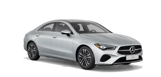 Silver Mercedes-Benz CLA four-door sedan shown in a front three-quarter view, featuring sleek LED headlights, a black grille with the Mercedes-Benz emblem, alloy wheels, sculpted body lines, and a modern aerodynamic design on a clean transparent background.