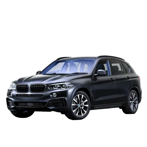 Black BMW luxury SUV shown in a front three-quarter view, featuring the signature kidney grille, LED headlights, sculpted bodywork, roof rails, alloy wheels, and a spacious five-door design on a transparent background.