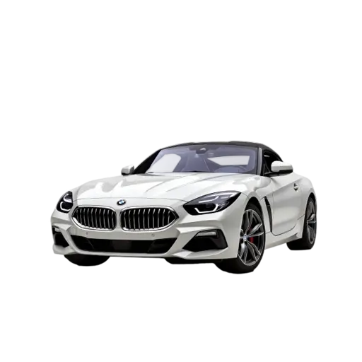 White BMW Z4 convertible sports car shown from a front three-quarter angle, featuring the signature kidney grille, sleek LED headlights, sculpted hood, alloy wheels, and a black soft-top roof against a transparent or black background.